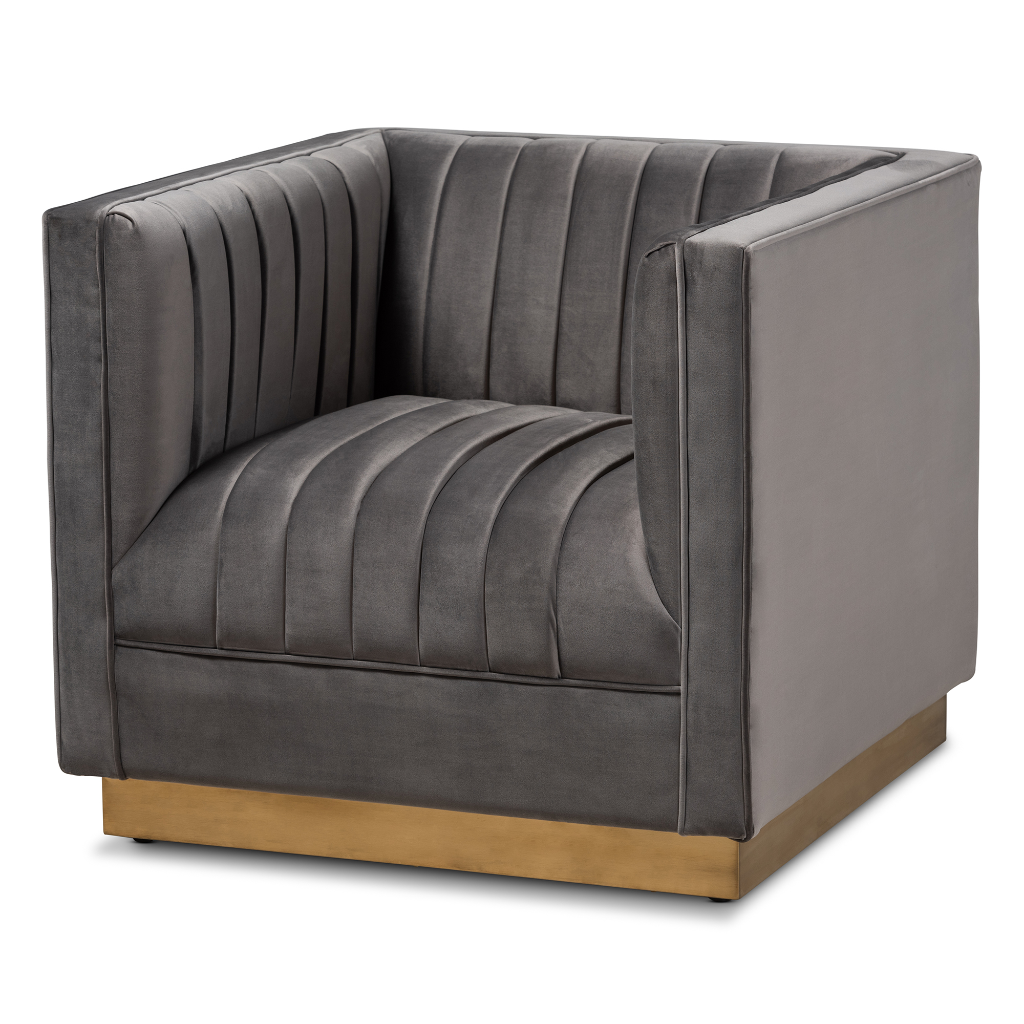 Baxton Studio Aveline Glam and Luxe Grey Velvet Fabric Upholstered Brushed Gold Finished Armchair